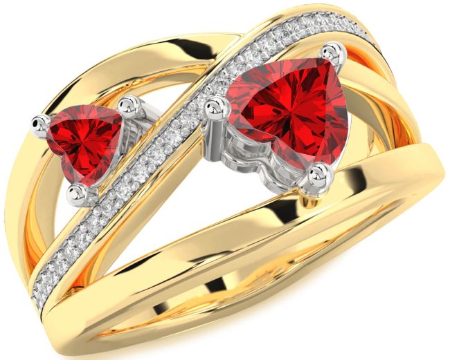 Diamond Ruby Gold Silver Two Heart Birthstone Ring