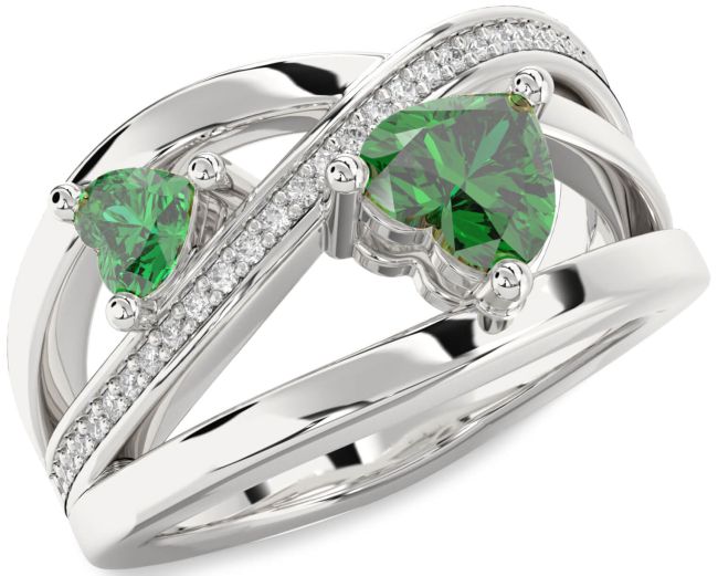 Diamond Emerald Silver Two Heart Birthstone Ring