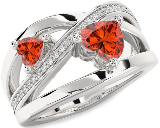 Diamond Fire Opal Silver Two Heart Ring