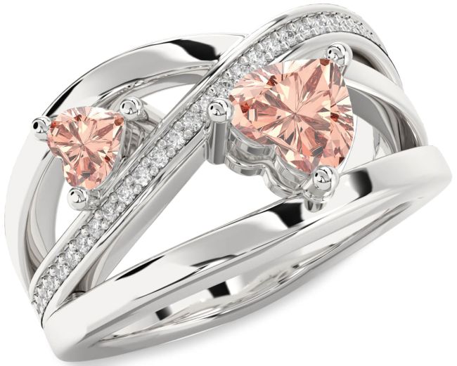 Diamond Morganite Silver Two Heart Ring