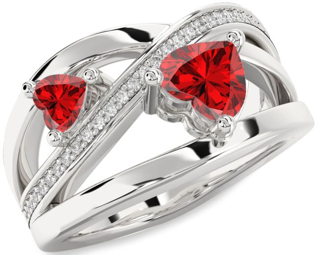 Diamond Ruby Silver Two Heart Birthstone Ring