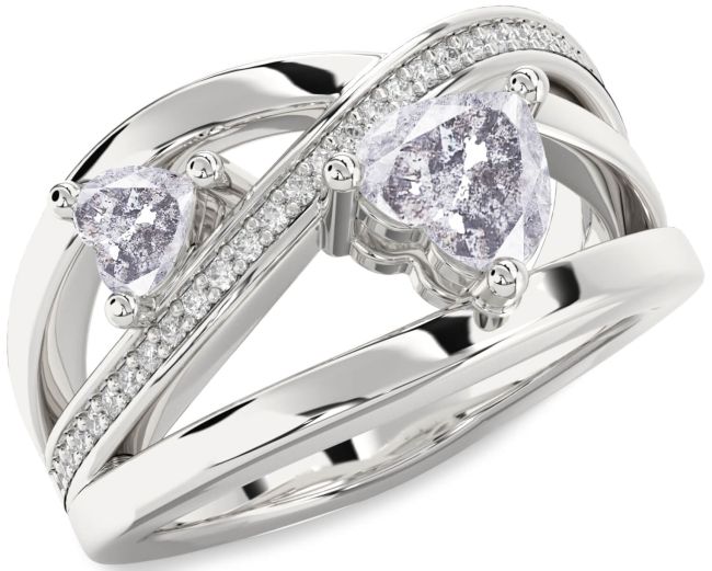 Salt & Pepper Diamond Silver Two Heart Ring