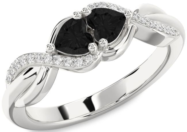 Black Diamond Silver Knot Two Heart Ring