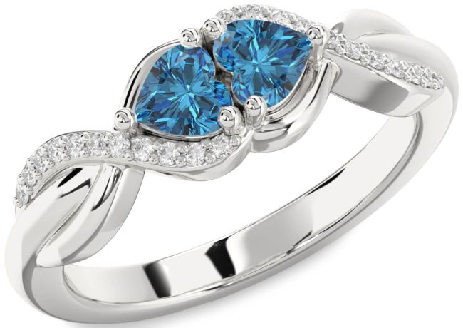 Blue Diamond Silver Knot Two Heart Ring