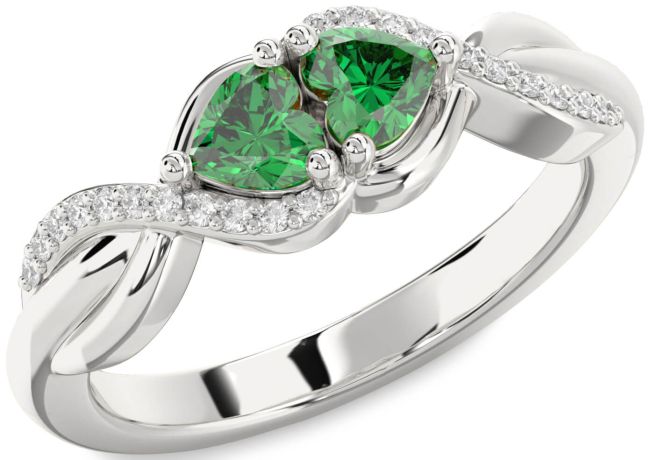 Diamond Emerald Silver Knot Two Heart Birthstone Ring