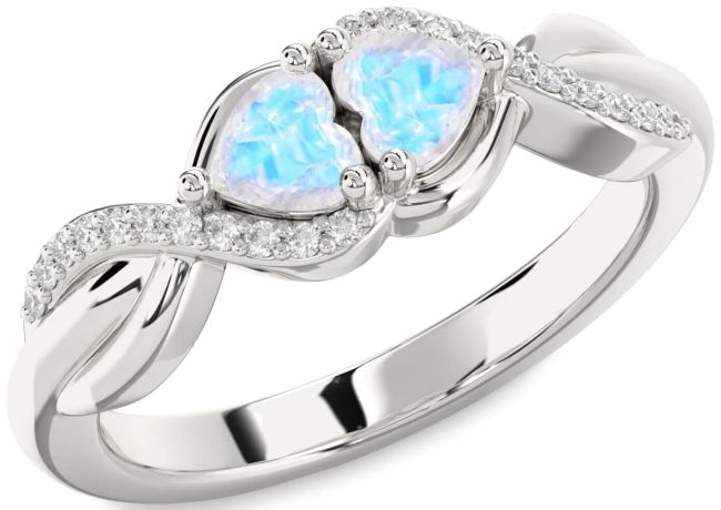 Diamond Moonstone Silver Knot Two Heart Ring