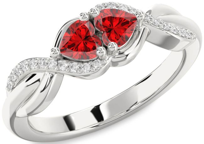 Diamond Ruby Silver Knot Two Heart Birthstone Ring