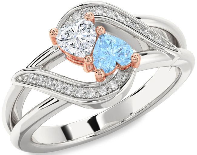 Diamond Rose Gold Silver Two Heart Promise Ring