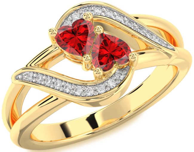 Diamond Ruby Gold Silver Two Heart Birthstone Ring