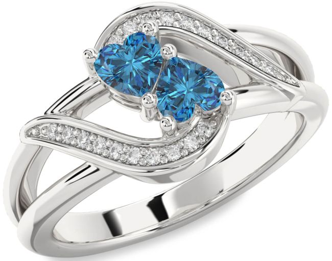Blue Diamond Silver Two Heart Ring