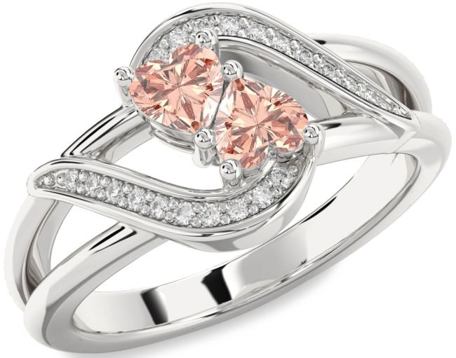 Diamond Morganite Silver Two Heart Ring