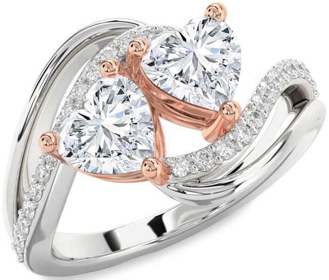 Diamond Silver & 10K Rose Gold Two Heart Ring