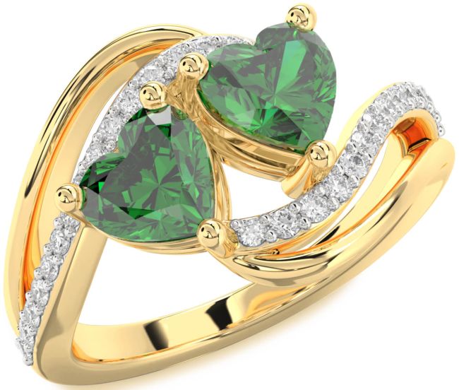 Diamond Emerald Gold Two Heart Birthstone Ring