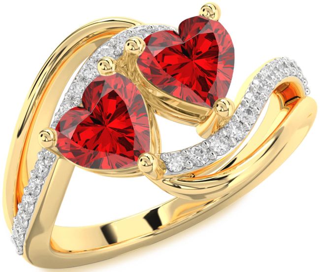 Diamond Ruby Gold Two Heart Birthstone Ring