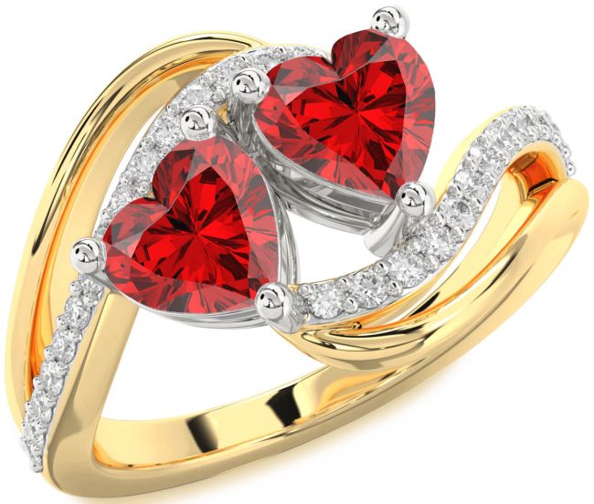 Diamond Ruby Gold Silver Two Heart Birthstone Ring