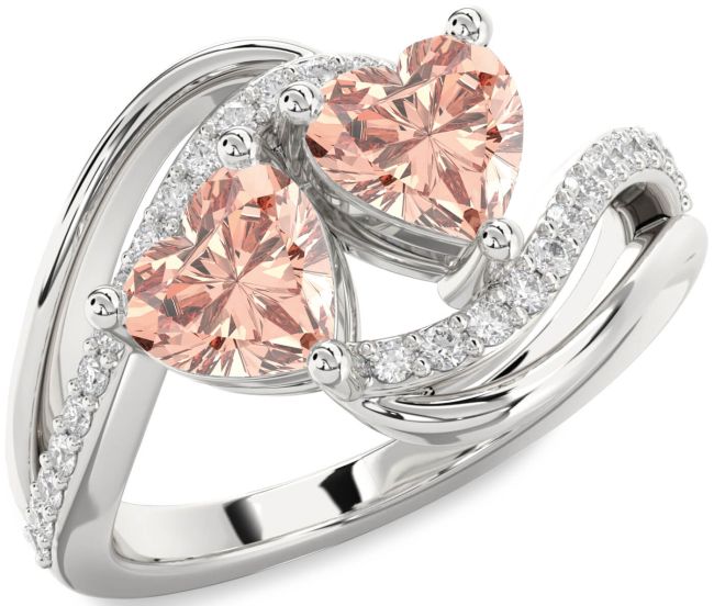 Diamond Morganite Silver Two Heart Ring