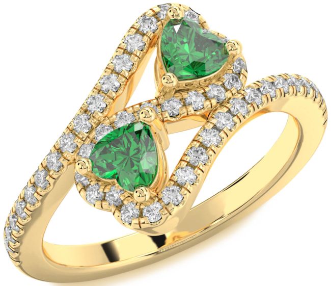 Diamond Emerald Gold Silver Infinity Two Heart Birthstone Ring