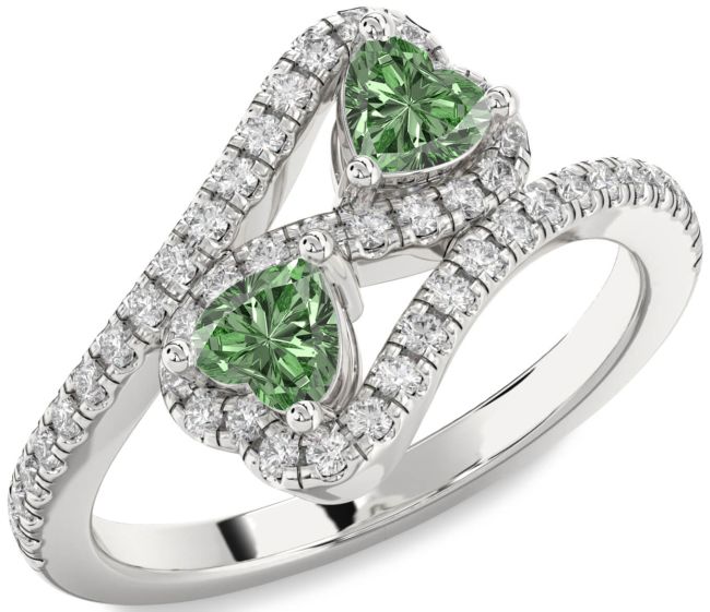 Green Diamond Silver Infinity Two Heart Ring