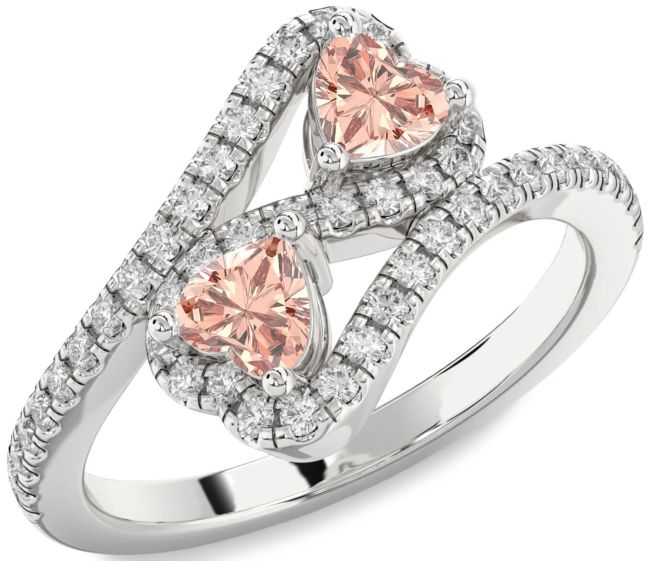Diamond Morganite Silver Infinity Two Heart Ring