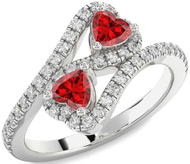 Diamond Ruby Silver Infinity Two Heart Birthstone Ring