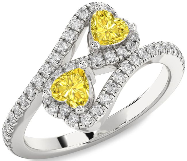 Yellow Diamond Silver Infinity Two Heart Ring