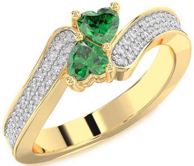 Diamond Emerald Gold Silver Two Heart Birthstone Ring