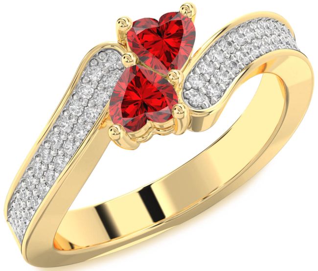 Diamond Ruby Gold Two Heart Birthstone Ring