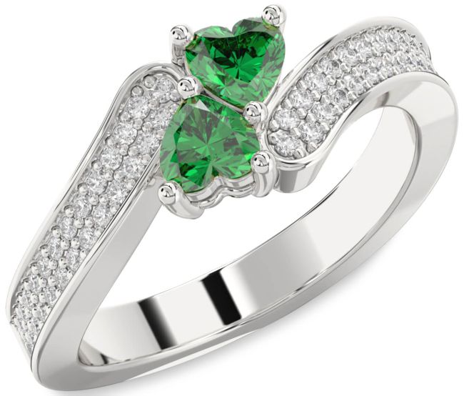 Diamond Emerald Silver Two Heart Birthstone Ring
