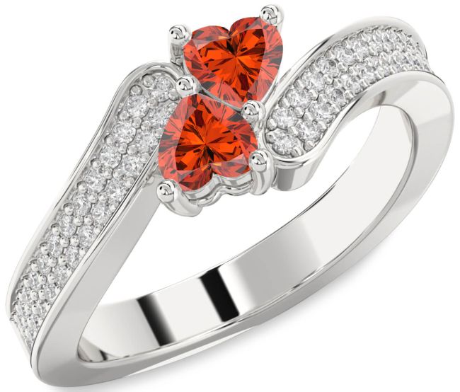 Diamond Fire Opal Silver Two Heart Ring