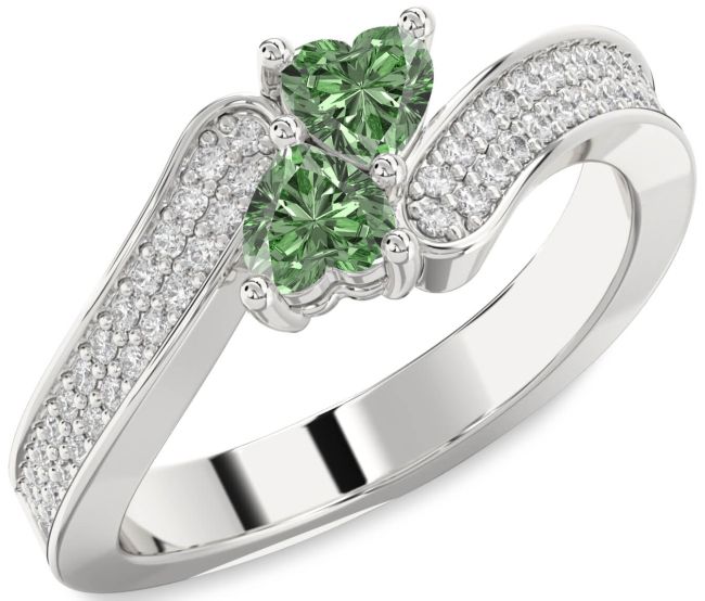 Green Diamond Silver Two Heart Ring