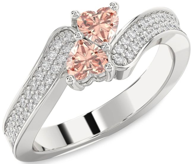 Diamond Morganite Silver Two Heart Ring