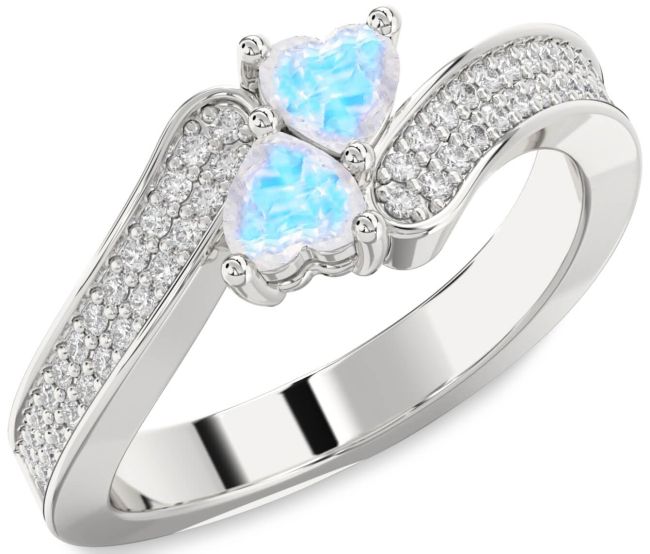 Diamond Moonstone Silver Two Heart Ring