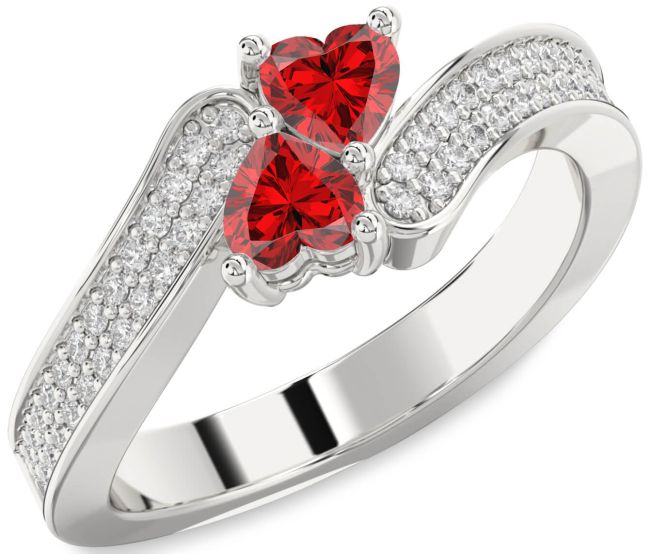 Diamond Ruby Silver Two Heart Birthstone Ring