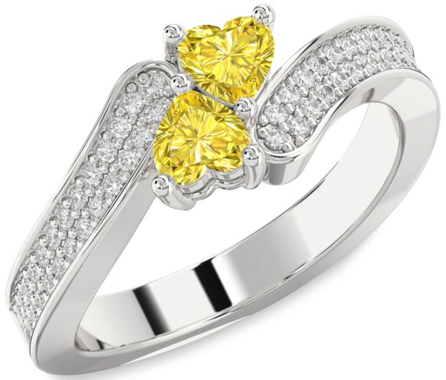 Yellow Diamond Silver Two Heart Ring