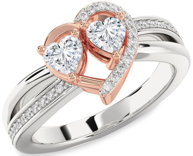 Diamond Rose Gold Silver Two Heart Ring