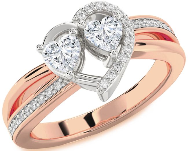 Diamond Rose Gold Silver Two Heart Ring