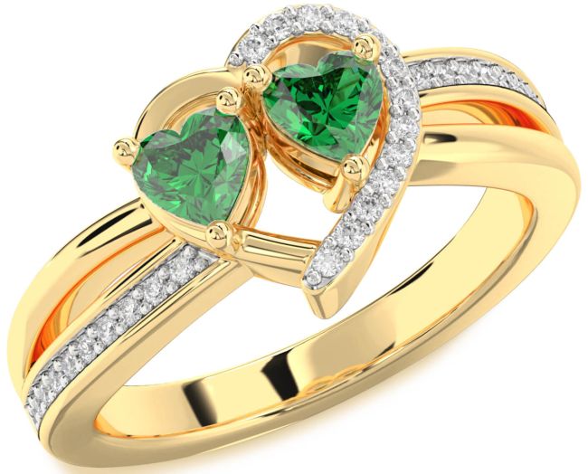 Diamond Emerald Gold Silver Two Heart Birthstone Ring