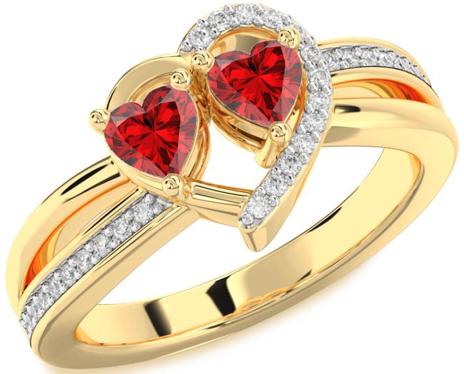 Diamond Ruby Gold Two Heart Birthstone Ring