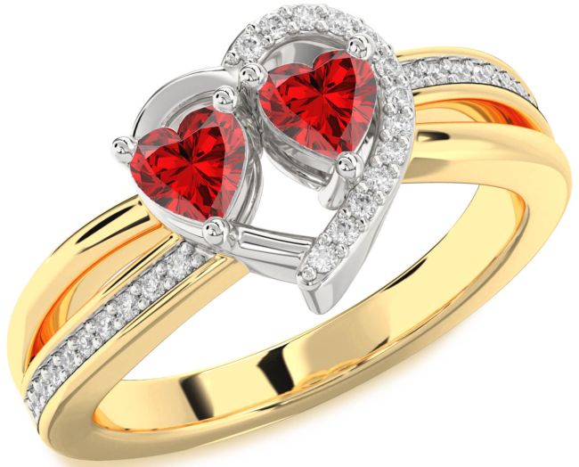 Diamond Ruby Gold Silver Two Heart Birthstone Ring