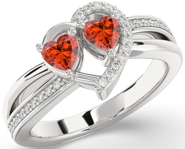 Diamond Fire Opal Silver Two Heart Ring