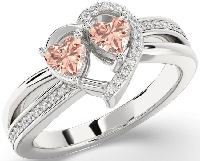 Diamond Morganite Silver Two Heart Ring