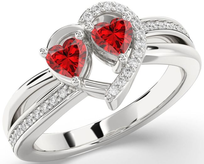 Diamond Ruby Silver Two Heart Birthstone Ring