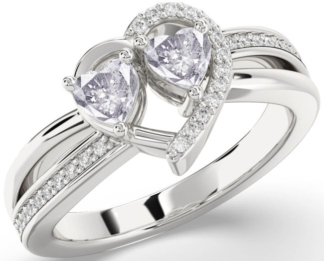 Salt & Pepper Diamond Silver Two Heart Ring