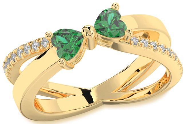 Diamond Emerald Gold Two Heart Birthstone Ring