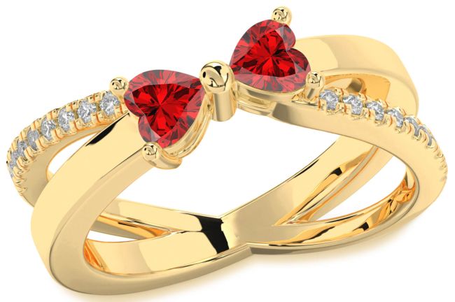 Diamond Ruby Gold Silver Two Heart Birthstone Ring