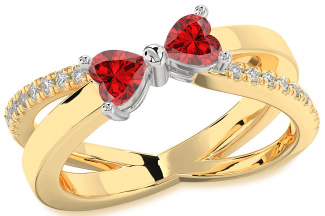 Diamond Ruby Gold Silver Two Heart Birthstone Ring
