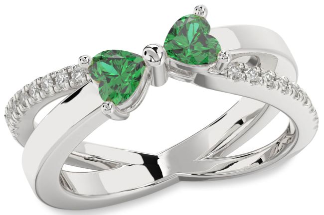 Diamond Emerald Silver Two Heart Birthstone Ring