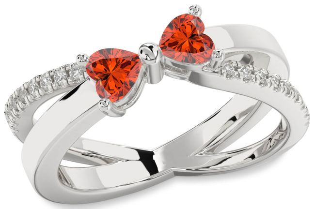 Diamond Fire Opal Silver Two Heart Ring