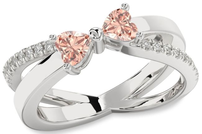 Diamond Morganite Silver Two Heart Ring