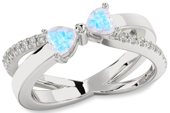 Diamond Moonstone Silver Two Heart Ring